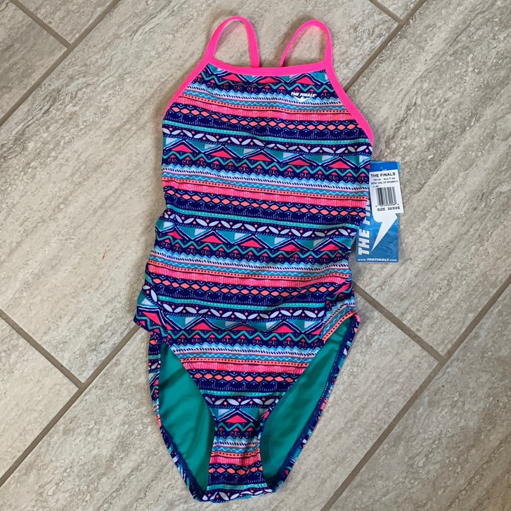 The Finals NWT swimsuit swim team competition practice pink teal 30 XXS